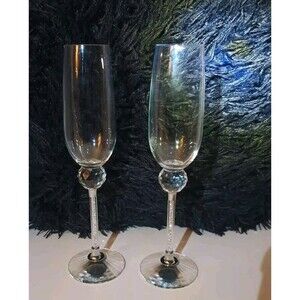 Crystal Ball Champagne Rhinestone Bling Stem Wedding Toasting Glasses Set of 2